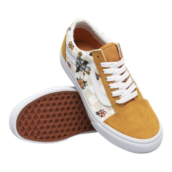 VANS Old School Cottage Yellow Suede Checkerboard Floral Sneakers Size 6.5 - Picture 1 of 9